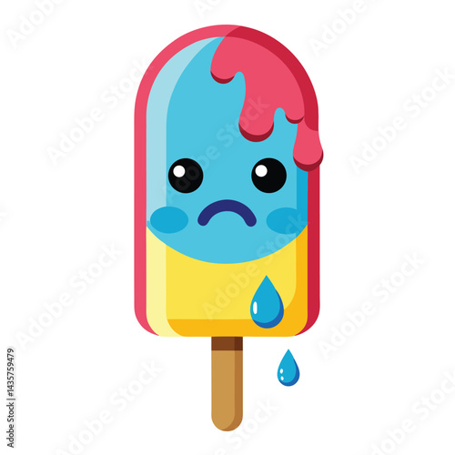 Popsicle melting into a sad face on white background vector illustration