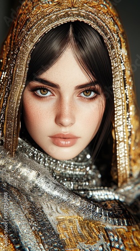 Woman with brown hair and hazel eyes, wrapped in a sparkling gold and silver shawl, head covered