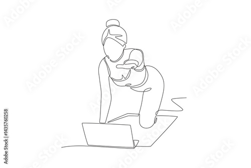 Woman watching plank movements from online class on laptop. Online fitness classes concept one-line drawing
