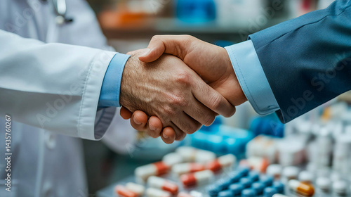 A handshake between two people. One man is wearing a white medical coat, a doctor. The other man is wearing a blue suit.