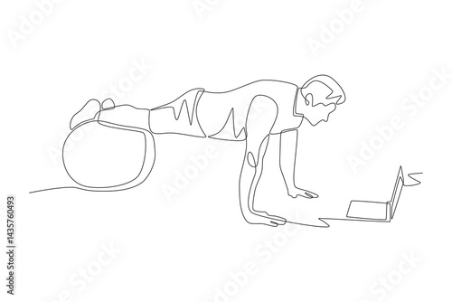 Man watching yoga movements from online class on laptop. Online fitness classes concept one-line drawing