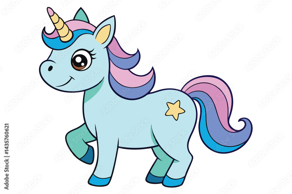 Fototapeta premium Cute cartoon character happy magic unicorn on white