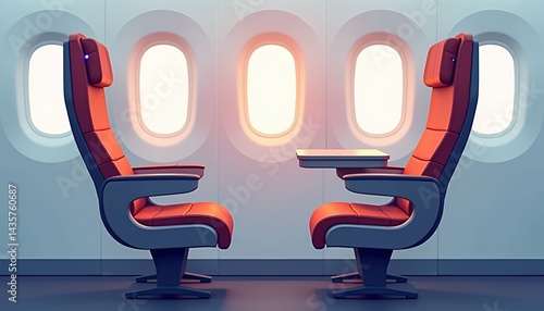 Airplane seats facing each other with sunlight backdrop  