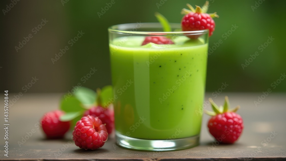 A vibrant green smoothie garnished with fresh raspberries sits on a rustic wooden table, surrounded by scattered raspberries A vibrant green smoothie garnished with fresh raspberries sits on a rustic wooden table, surrounded by scattered raspberries