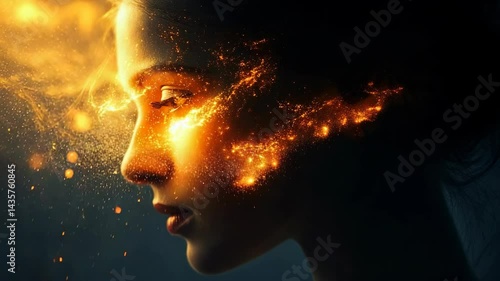 Profile of a woman's face illuminated by golden light particles flowing over her skin, depicting a concept of bright mind