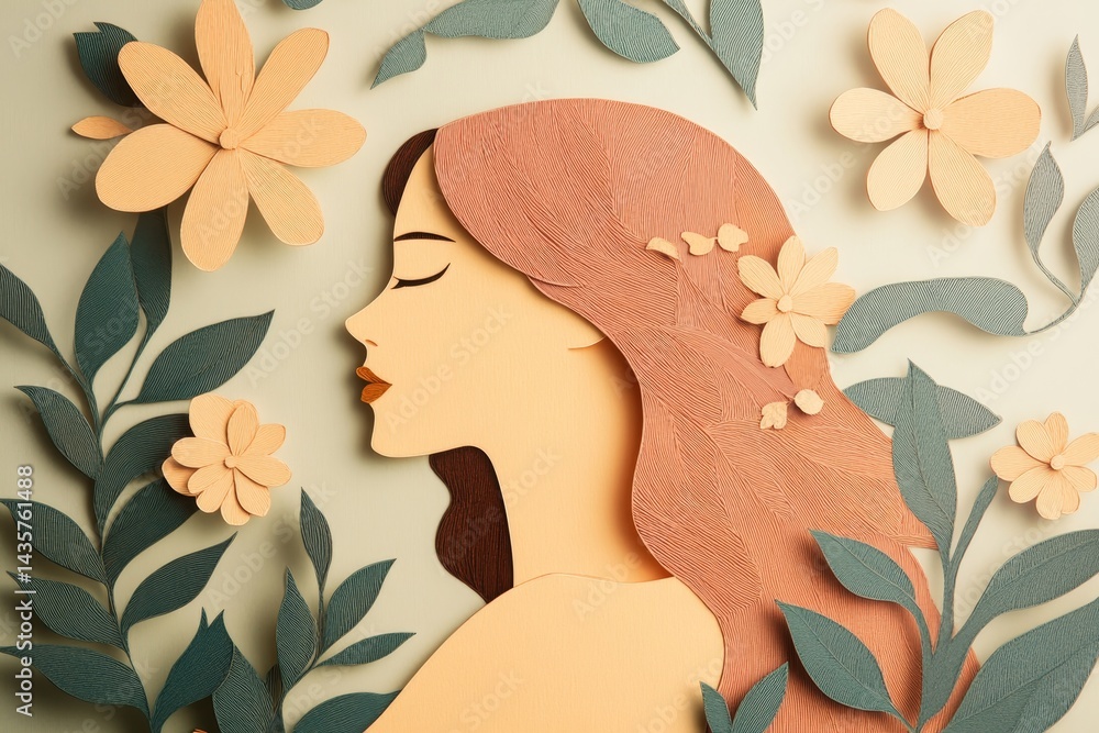 Delicate paper art of a serene woman surrounded by flowers. Delicate paper art of a serene woman surrounded by flowers.
