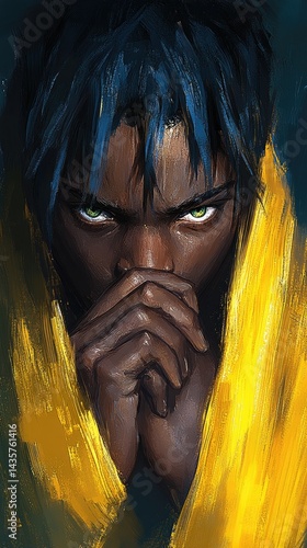Portrait Person stares with piercing eyes and crossed hands in yellow garment