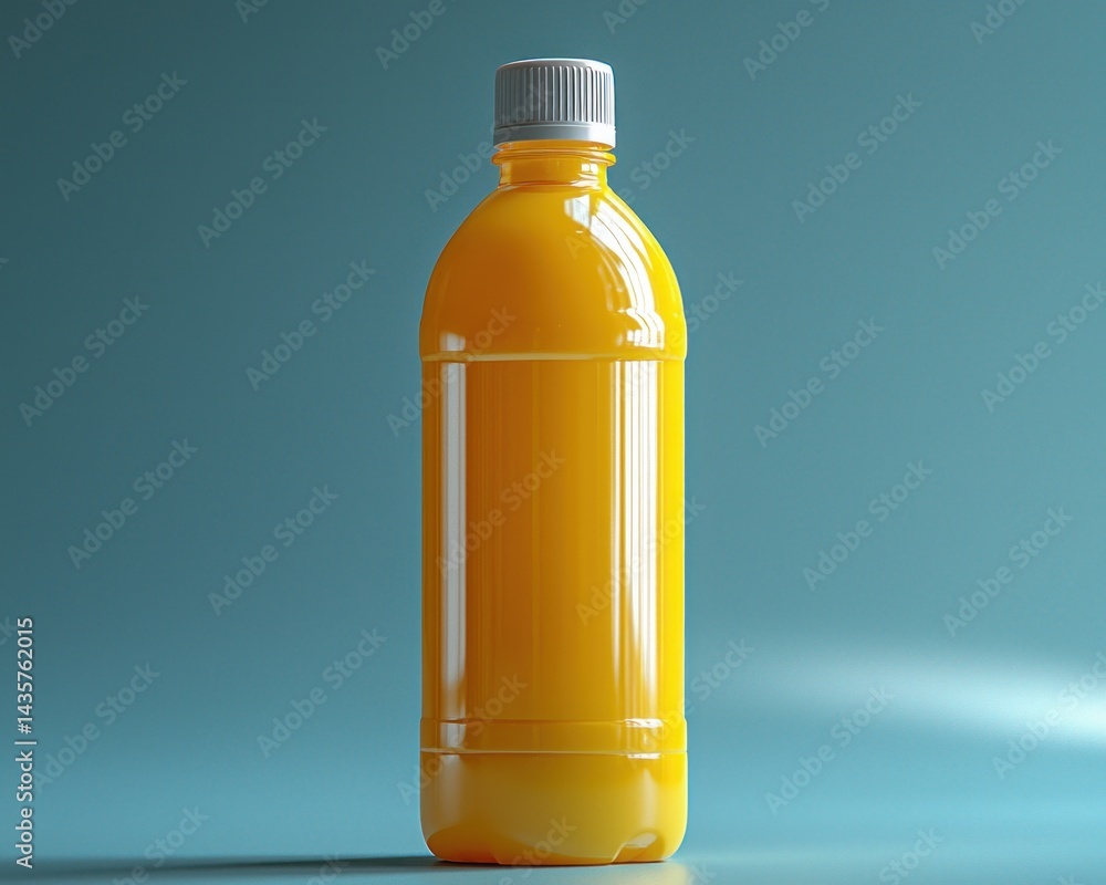 Bright yellow beverage bottle on a smooth blue background with soft lighting Bright yellow beverage bottle on a smooth blue background with soft lighting