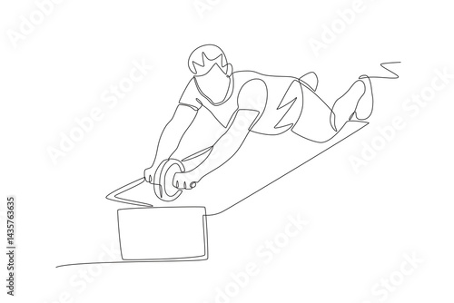 Man watching how to use AB wheel from online class on laptop. Online fitness classes concept one-line drawing