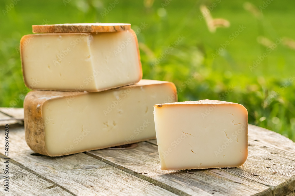 Traditional Ossau-Iraty cheese on a wooden table in the rural setting in France.