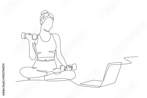Woman watching how to lift dumbbells from online class on laptop. Online fitness classes concept one-line drawing