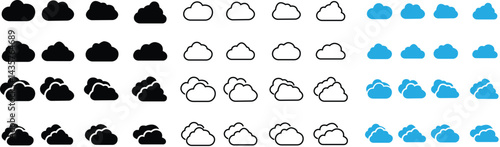 Fluffy clouds flat, outline icon set. Collection of various form and contours. Design elements for the weather forecast, web interface or cloud storage applications isolated on transparent background.