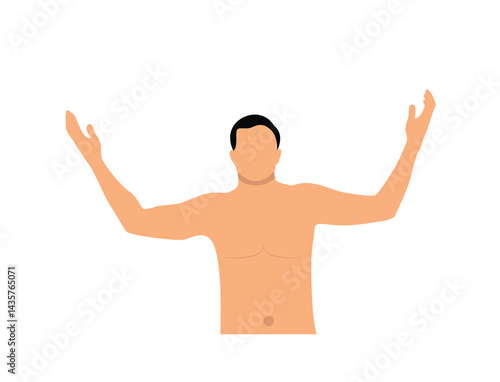 Naked Torso Man Raising Hands Up in Prayer. People and activities vector art
