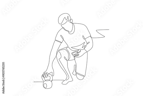 Man watching how to use kettlebell from online class on smartphone. Online fitness classes concept one-line drawing