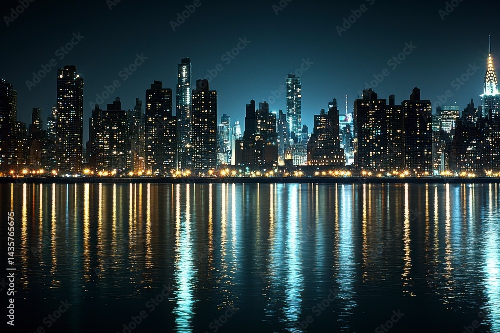 Fototapeta premium Night city skyline reflected on water