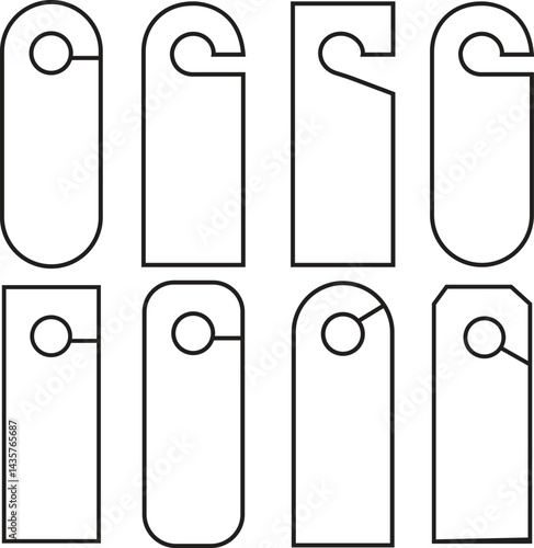 Set of minimalistic icons of door hangers in open and closed positions. ideal for privacy and hotel signs outline styles. Empty door flyer or do not disturb mockup isolated on transparent background.