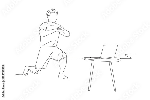 Man watching correct squat movements from online class on laptop. Online fitness classes concept one-line drawing