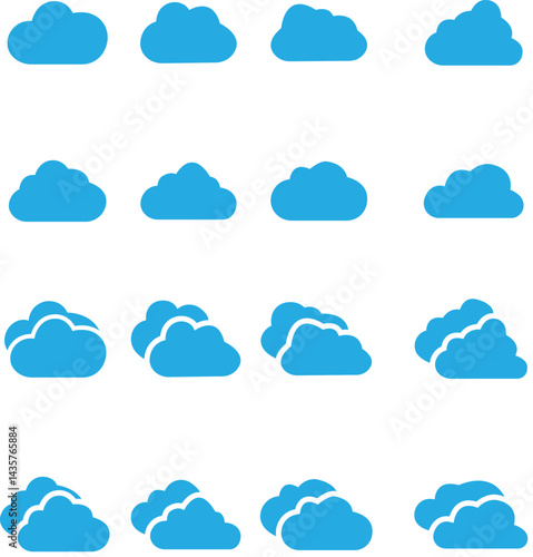 Fluffy clouds blue flat icon set. Collection of various form and contours. Design elements for the weather forecast, web interface or cloud storage applications isolated on transparent background.