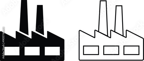 Factory icons set in black flat and outline styles. Industrial buildings pictogram. Silhouettes of manufacturing objects isolated on transparent background. Contours of plants for industrial designs.