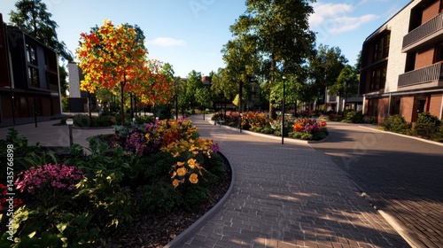 Wallpaper Mural Sunny residential area walkway with colorful foliage and modern buildings Torontodigital.ca
