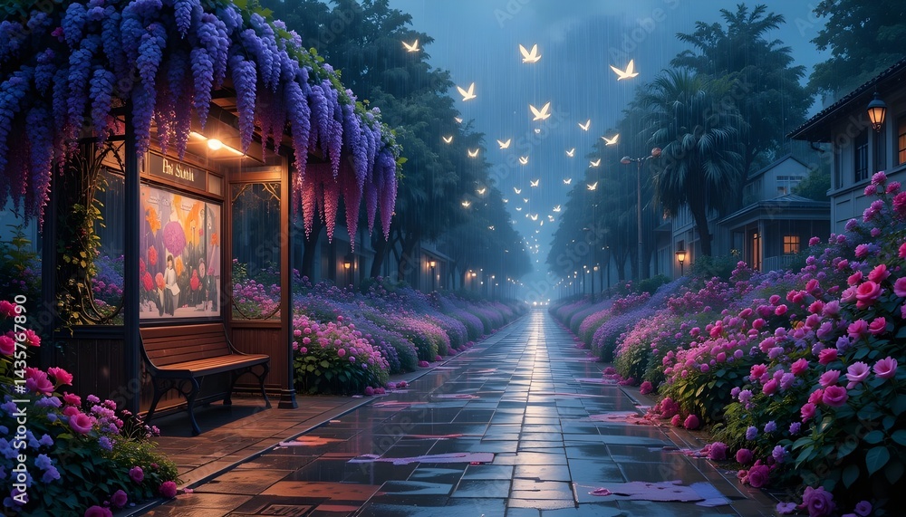 Fototapeta premium A group of glowing birds soars overhead, illuminating the rain like a shifting constellation, while a bus stop is covered in wisteria, roses, and alliums, with puddles glistening with the hues of the 