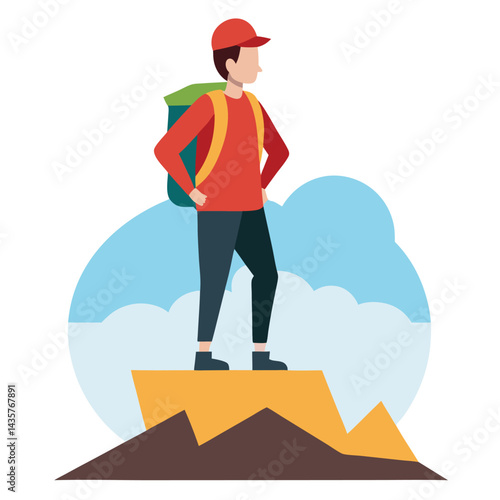 Hiker standing on cliff at sunrise vector illustration (1)