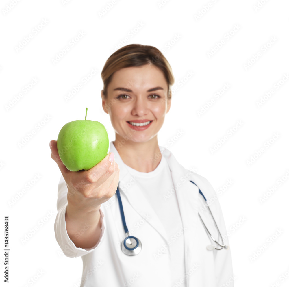 Nutritionist with green apple and stethoscope on white background, selective focus Nutritionist with green apple and stethoscope on white background, selective focus