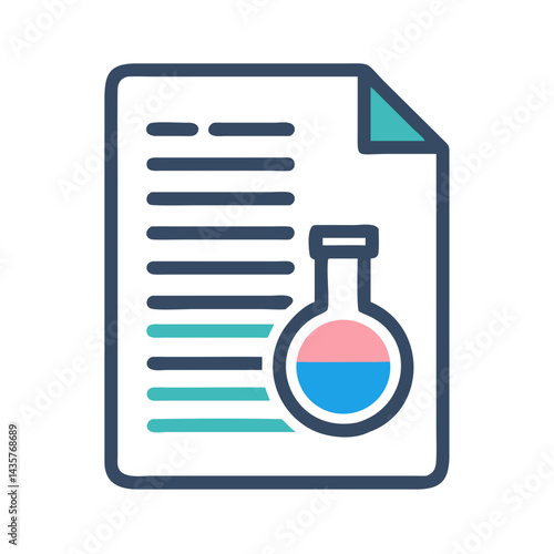 Scientific report icon with flask, blue and pink liquid
