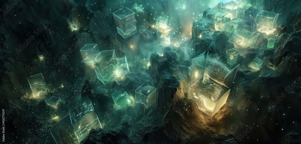 Obraz premium Glowing holographic cubes with numbers illuminate a dark, abstract digital space representing blockchain technology and cybersecurity.