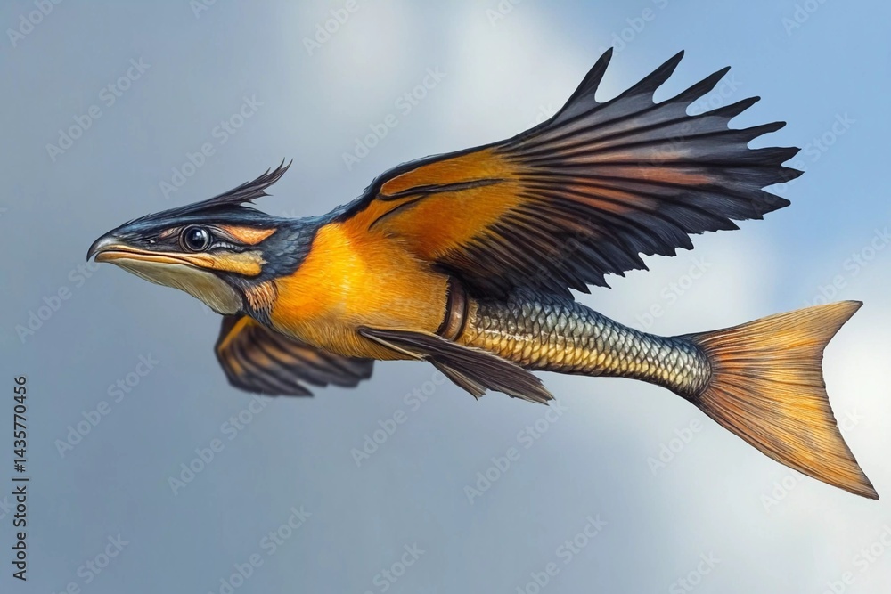 Obraz premium Unique depiction of a fish with wings soaring through a bright blue sky filled with clouds