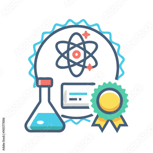 Science achievement illustration with atom flask and award badge