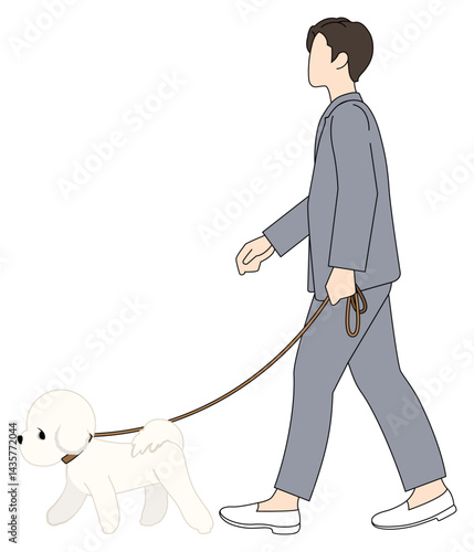 강아지와 함께 산책하는 사람 라인 일러스트