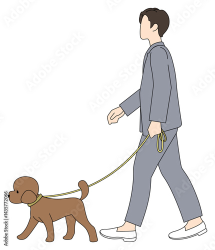 강아지와 함께 산책하는 사람 라인 일러스트
