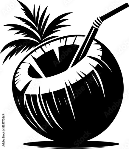 Fresh green coconut with a pink flower, green straw, and umbrella, tropical refreshment, isolated on white background.