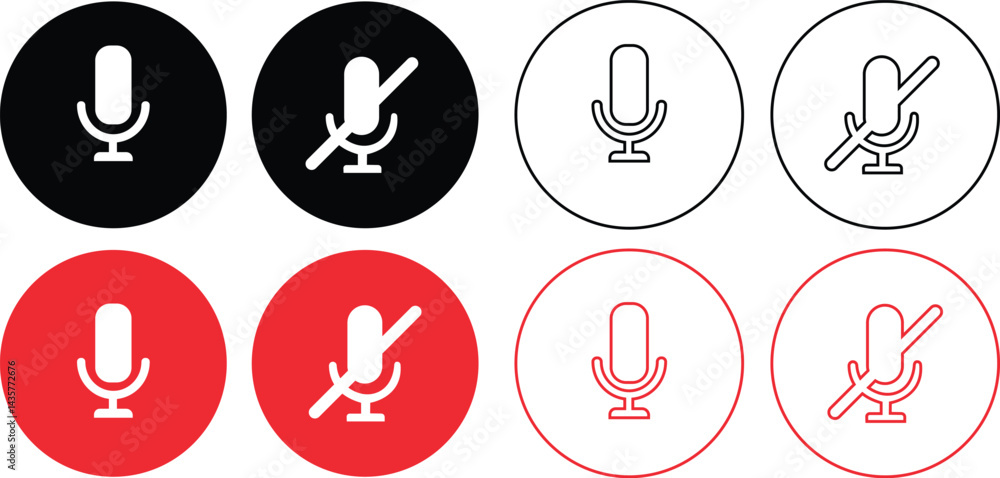 Microphone and mute microphone icons set in black and red flat and outline styles. Podcast mike, journalist microphone and karaoke vectors. Recording Studio Symbols isolated on transparent background. Microphone and mute microphone icons set in black and red flat and outline styles. Podcast mike, journalist microphone and karaoke vectors. Recording Studio Symbols isolated on transparent background.