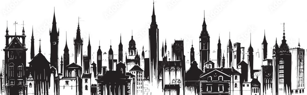 Fototapeta premium City landscape. Line urban backdrop, different buildings on street, doodle street draw, outline cityscape hand sketch, flat houses. Hand drawn vector illustration
