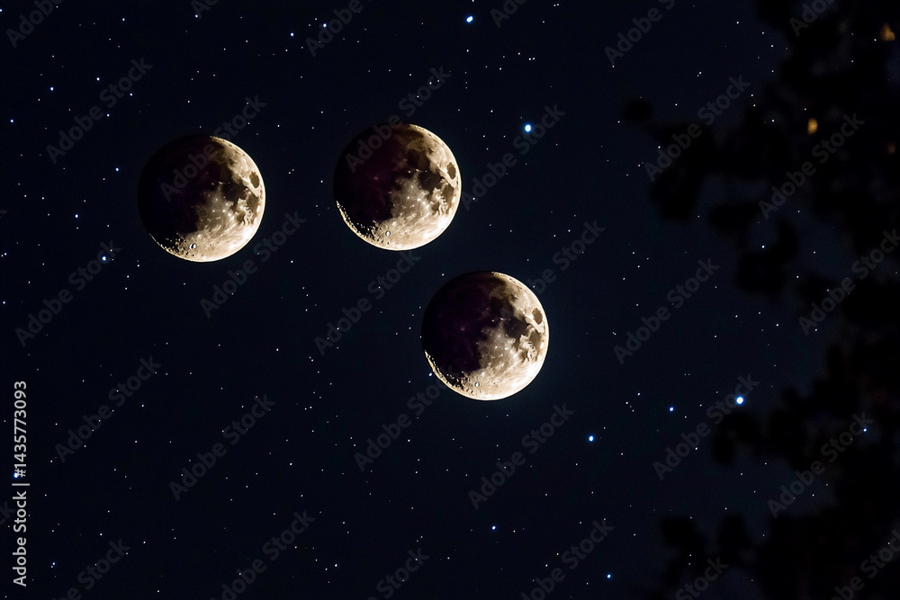 Fototapeta premium Three full moons shining brightly in a starry night sky
