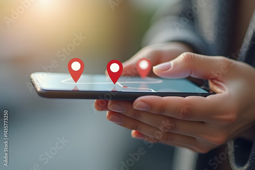 A person holding a smartphone, interacting with the device with red map location pins. The background is softly blurred, adding a serene ambiance. The composition emphasizes technology and navigation.