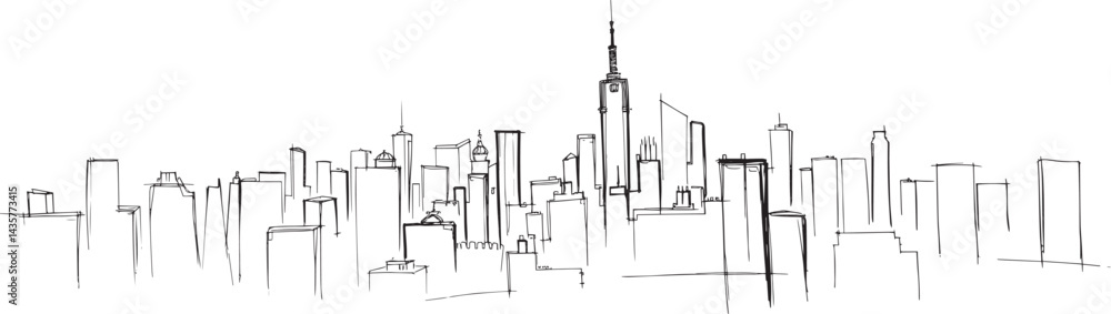 Obraz premium City landscape. Line urban backdrop, different buildings on street, doodle street draw, outline cityscape hand sketch, flat houses. Hand drawn vector illustration