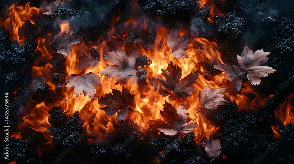 Dried leaves ablaze fiery embers glow Intense autumnal scene Dried leaves ablaze fiery embers glow Intense autumnal scene