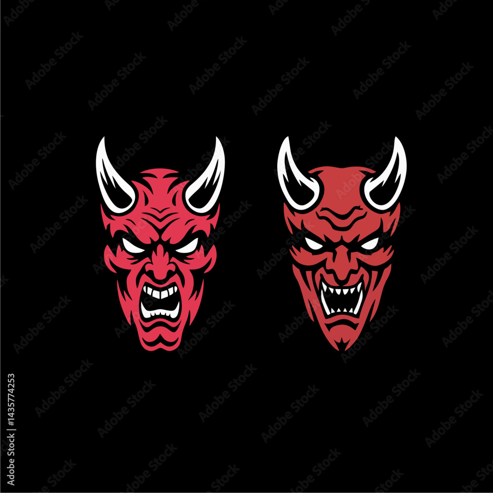 Obraz premium Angry devil faces with red horns illustration