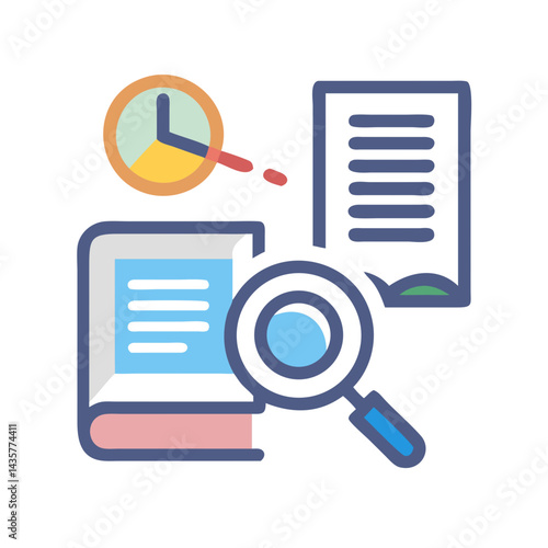 Analyzing data with a magnifying glass, book and charts