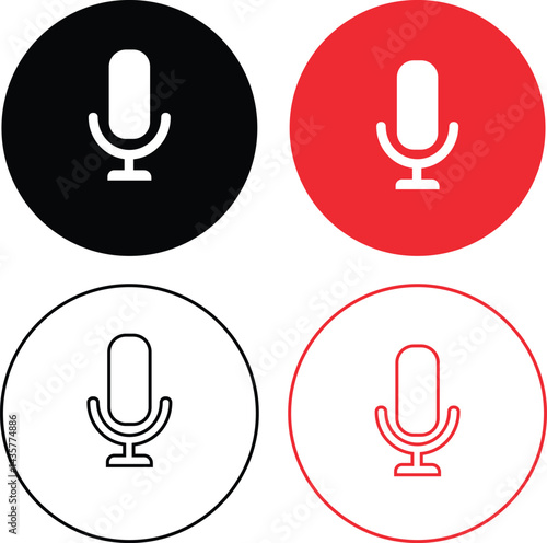 Microphone icons set in black and red flat and outline styles. Podcast mike, journalist microphone and karaoke vectors illustration. Recording Studio Symbols isolated on transparent background.