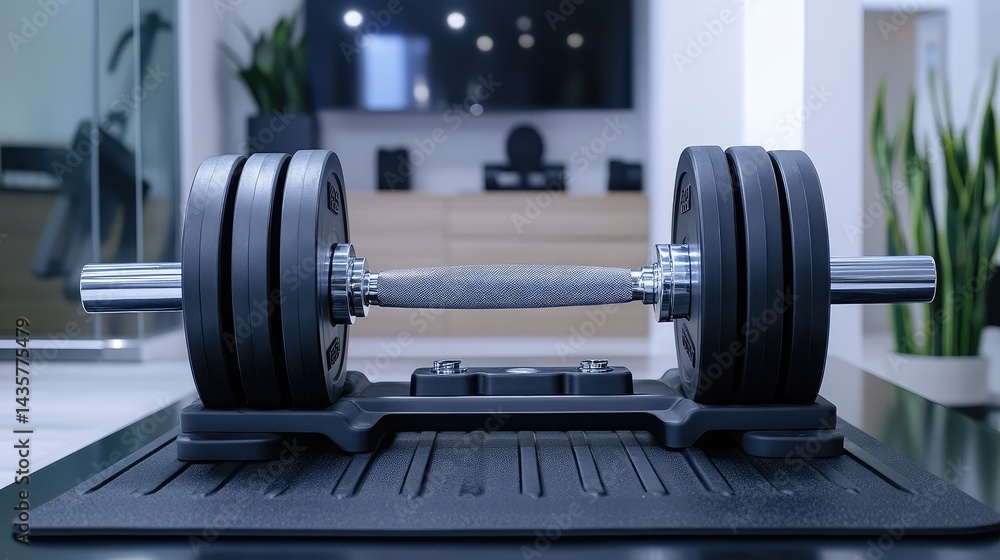 Naklejka premium Adjustable dumbbell set neatly aligned on a black mat in home gym environment