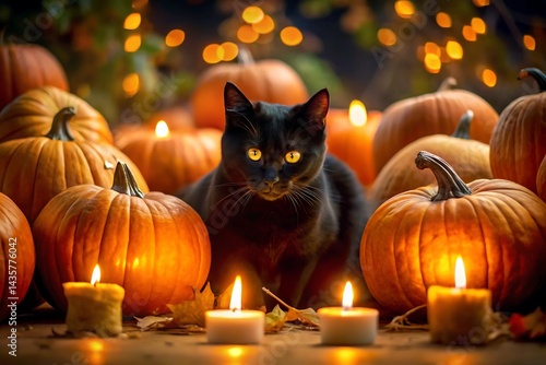halloween, halloween background, halloween party, ghost halloween, pumpkin halloween, witch halloween, halloween cosA black cat surrounded by pumpkins and candles in a halloween themed autumn display  photo