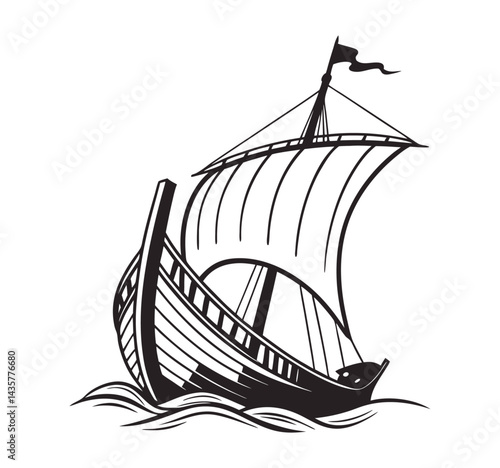 Silhouette of a  90s Old ship, vintage black and white, white background, minimal details vector illustration.