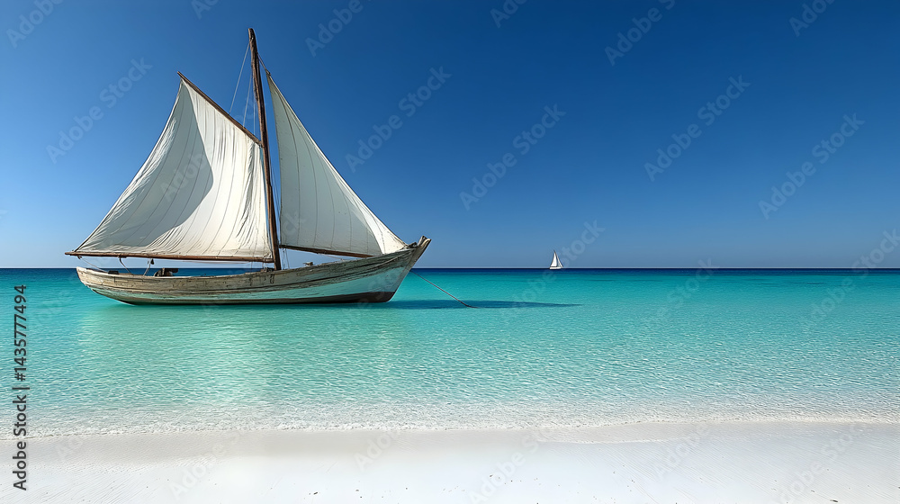 Fototapeta premium Tranquil sailboat at anchor in shallow turquoise water near a pristine white sand beach another sailboat visible in th