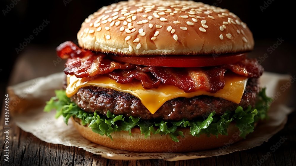 Juicy cheeseburger with bacon, lettuce, tomato on a sesame seed bun Juicy cheeseburger with bacon, lettuce, tomato on a sesame seed bun