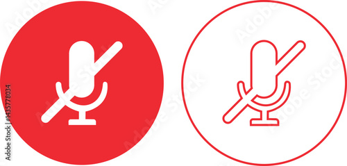Mute microphone icons set in red flat and outline styles. Podcast mike, journalist microphone and karaoke vectors illustration. Recording Studio Symbols isolated on transparent background.