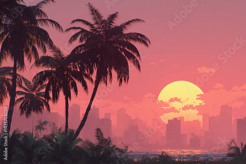 Pink sunset over a city skyline, framed by palm trees, conveying tranquility and tropical escape